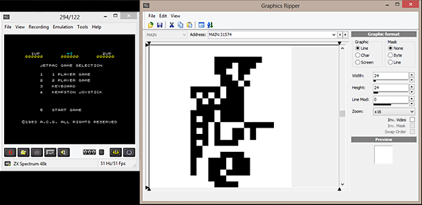 JetPac graphics memory using ZXSpin